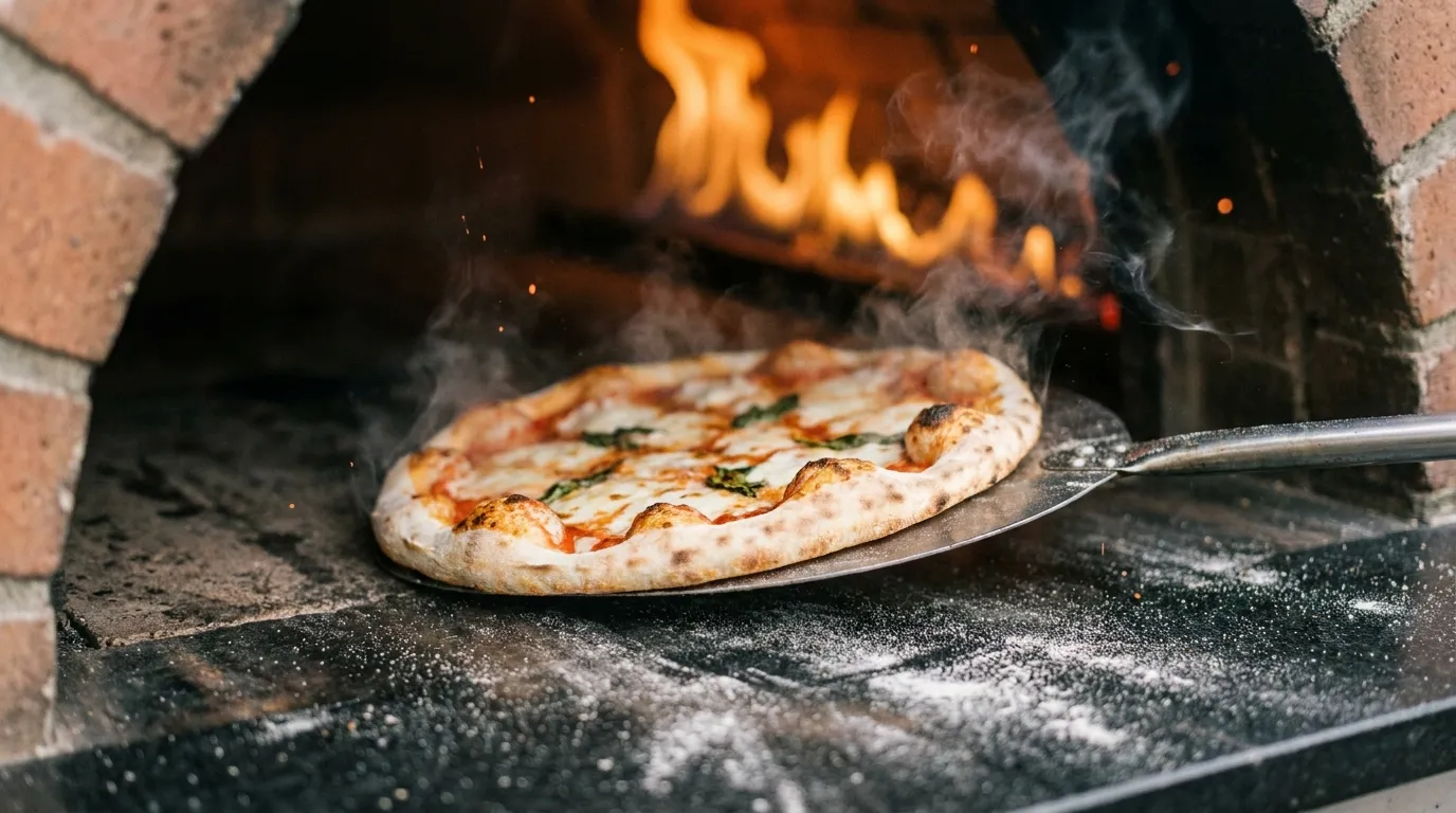 Warm glowing pizza oven with a fresh pie on a pizza peel