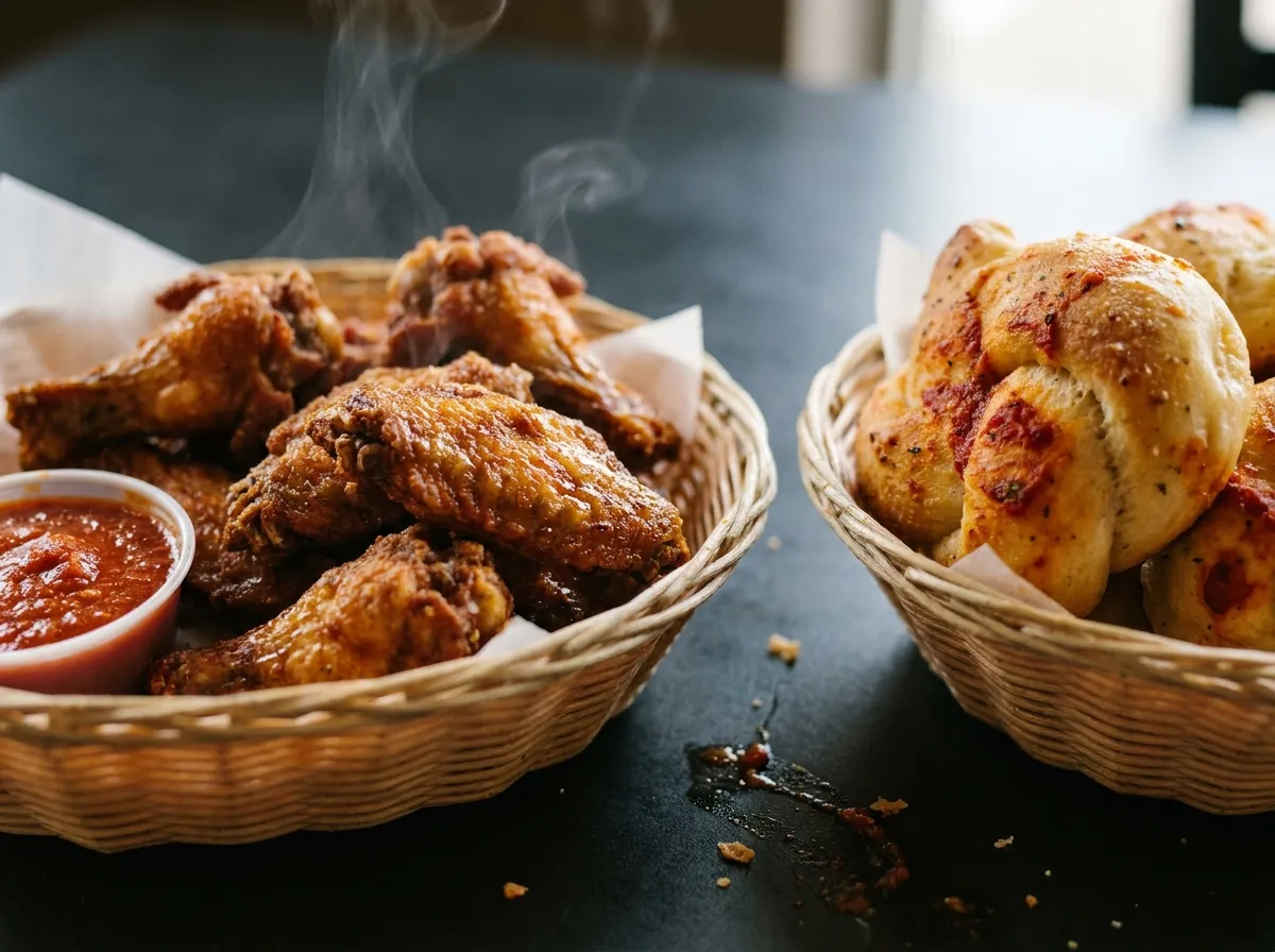 Double baked chicken wings and jumbo garlic knots with marinara dipping sauce