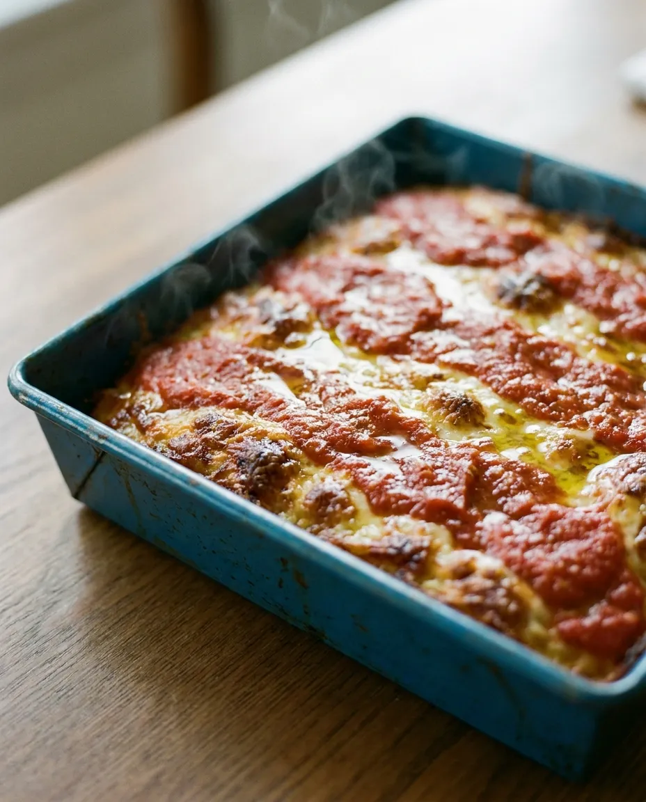Detroit style pizza with crispy caramelized cheese edges
